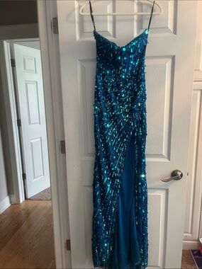 Blue Sequin Strapless Evening Gown/Prom